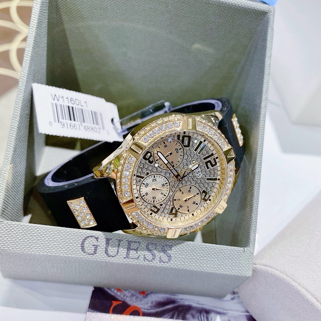 Đồng hồ nữ Guess W1160L1 Gold-Tone And Black Watch 38mm, Dây cao su, Authentic, fullbox, Luxury diamond watch
