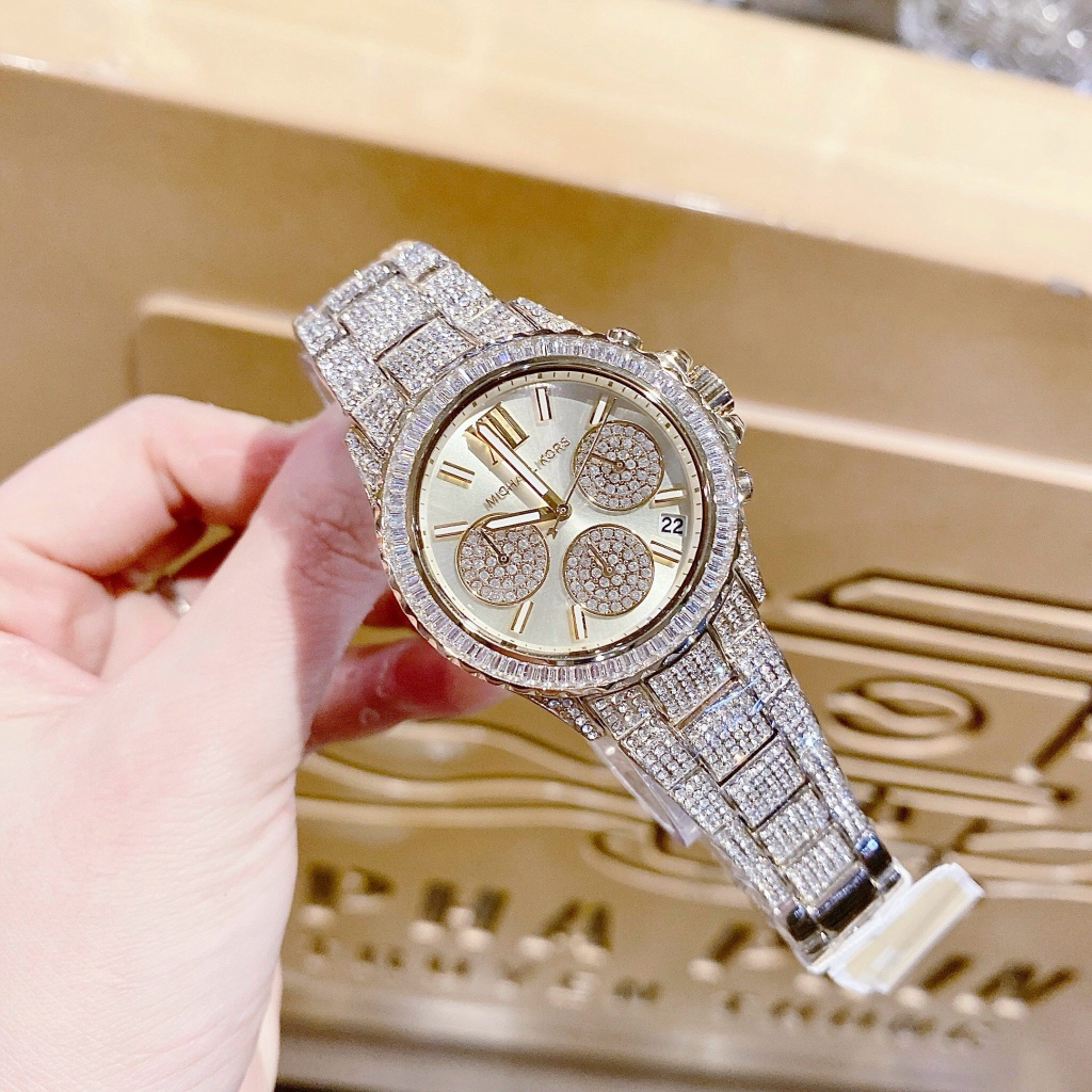 Đồng hồ nữ Michael Kors MK7254 Everest Chronograph Gold-Tone Stainless Steel Watch, Authentic, Luxury diamond watch
