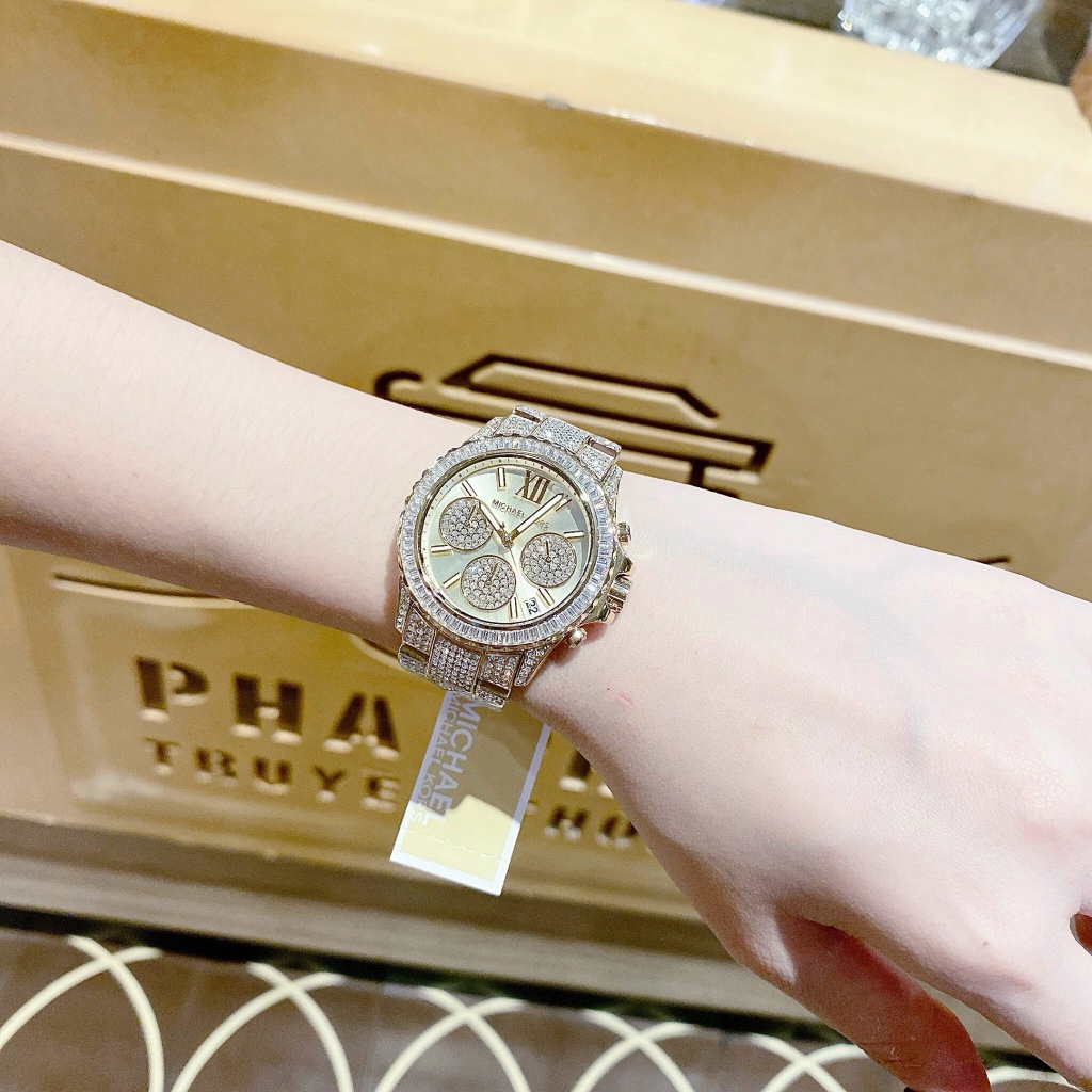 Đồng hồ nữ Michael Kors MK7254 Everest Chronograph Gold-Tone Stainless Steel Watch, Authentic, Luxury diamond watch