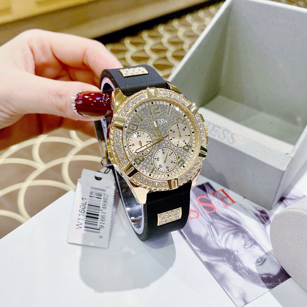 Đồng hồ nữ Guess W1160L1 Gold-Tone And Black Watch 38mm, Dây cao su, Authentic, fullbox, Luxury diamond watch