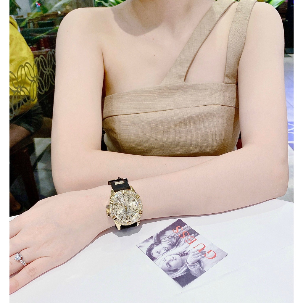 Đồng hồ nữ Guess W1160L1 Gold-Tone And Black Watch 38mm, Dây cao su, Authentic, fullbox, Luxury diamond watch