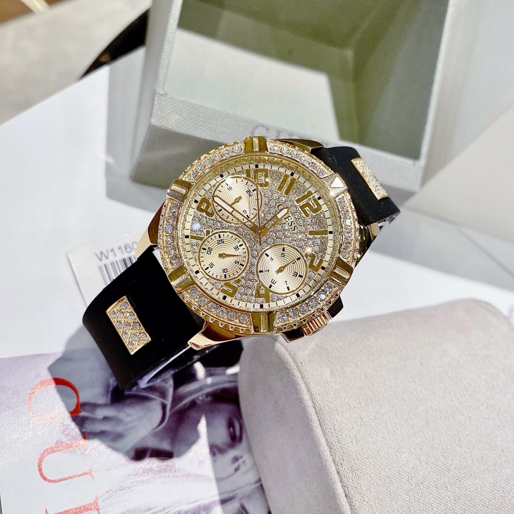 Đồng hồ nữ Guess W1160L1 Gold-Tone And Black Watch 38mm, Dây cao su, Authentic, fullbox, Luxury diamond watch