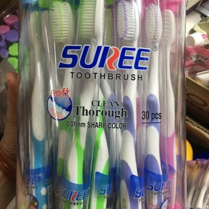 Bàn chải đánh răng, bàn chải Thái SUIREE lông mềm trong ống tròn, cho người lớn và cho bé