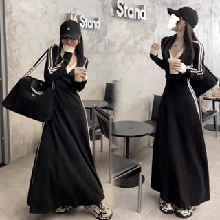  Đầm váy dài tay cổ chữ V họa tiết kẻ sọc viền phong cách Retro Hàn Quốc hàng Quảng Châu  CÓ BIG SIZE  NGOMINH SP71 