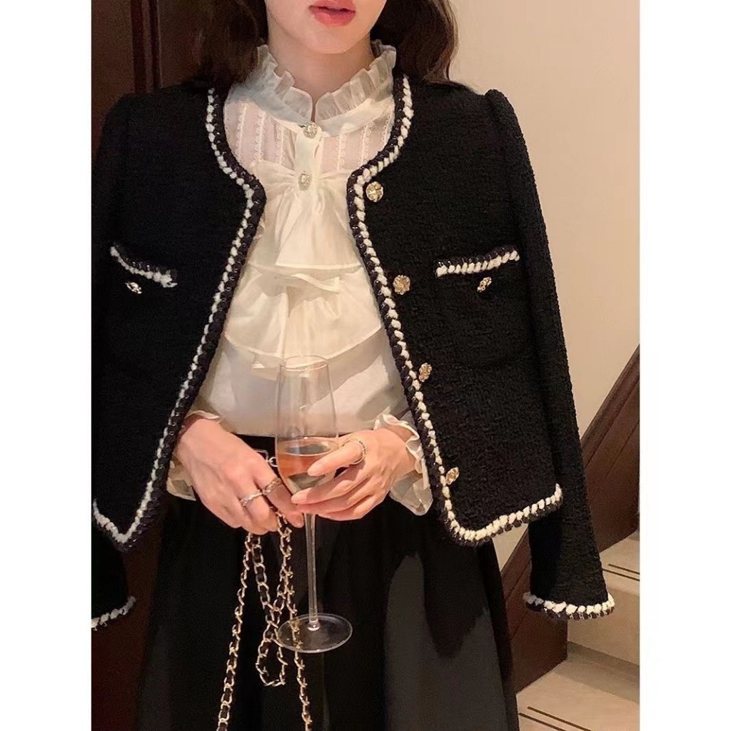 Áo dạ tweed phối viền thừng trắng hàng Quảng châu dày dặn tiểu thư sang chảnh phong cách Hàn Quốc SP22
