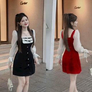 Đầm váy nữ nhung tay dài phối tơ mềm ngực họa tiết đính nút sang trọng thích hợp cho các tình yêu đi dự tiệc, mặc tết