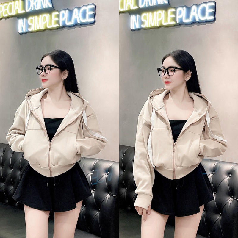 Áo Khoác Nữ Kiểu Dáng CROPTOP Chất Liệu Nỉ Bông Mũ Hai Lớp