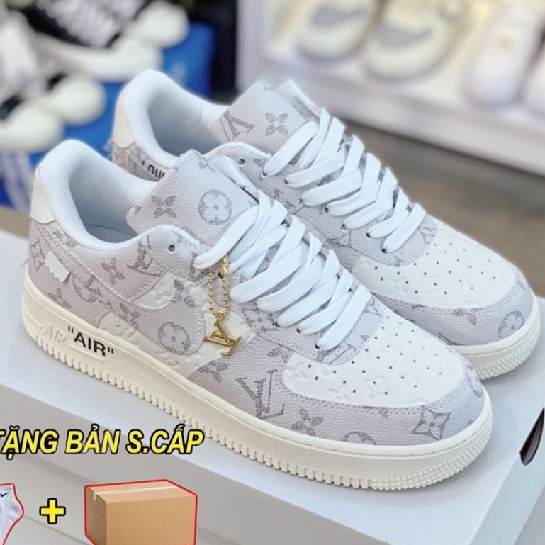 Giày _Nike Air Force 1 Lv xám, giày AF1 xám đế Air bản cao cấp Giày Air Force 1 Louis Vuitton Trắng Vân LV Nổi