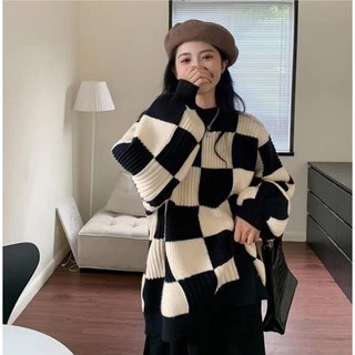 Áo len nữ kẻ ô đen trắng thiết kế basic dài tay dày ấm hàng thiết kế DELIZ STUDIO