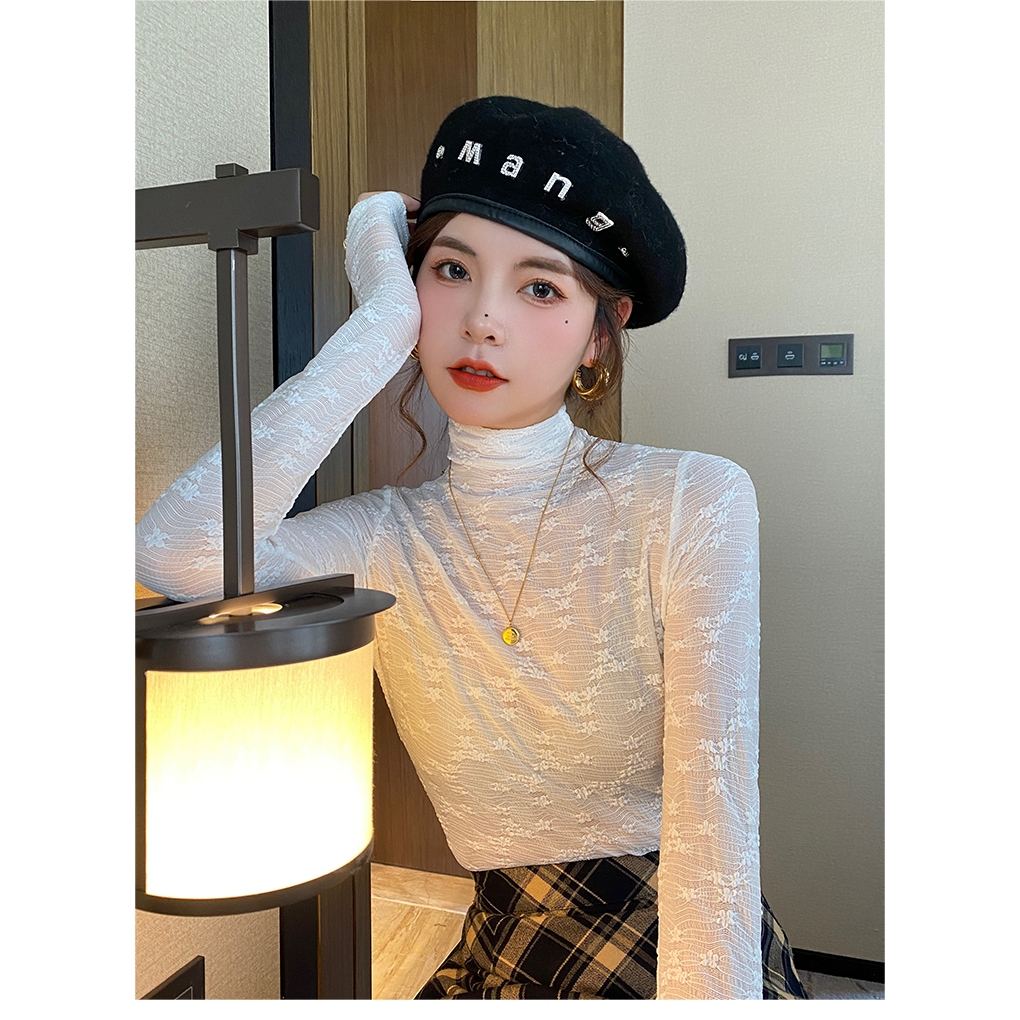 Áo ren kiểu nữ Cổ lọ Cao cấp Dài tay Ngọt ngào Thu Đông Ulzzang Hàn Quốc Áo kiểu Cao cổ Giữ ấm Thời trang