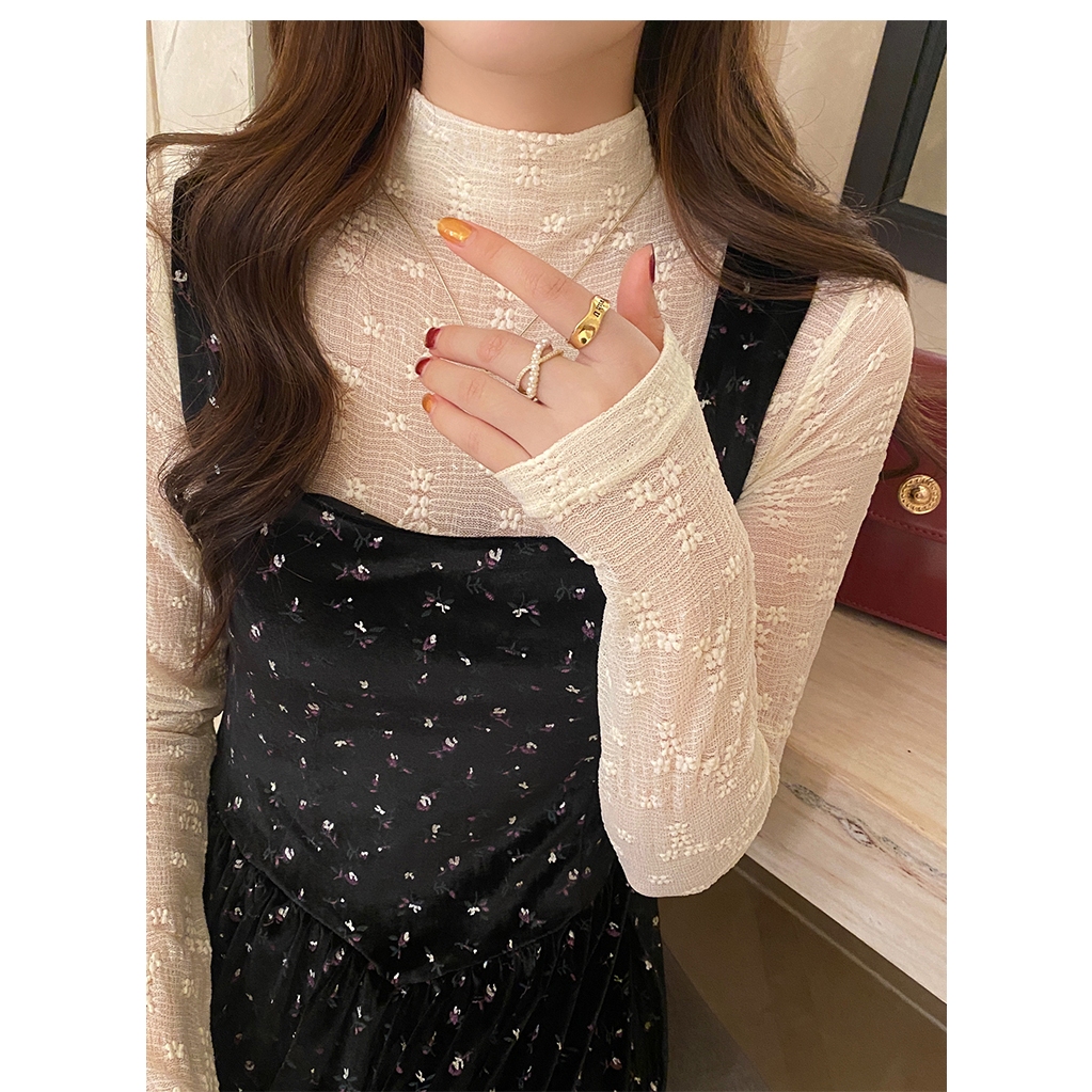 Áo ren kiểu nữ Cổ lọ Cao cấp Dài tay Ngọt ngào Thu Đông Ulzzang Hàn Quốc Áo kiểu Cao cổ Giữ ấm Thời trang