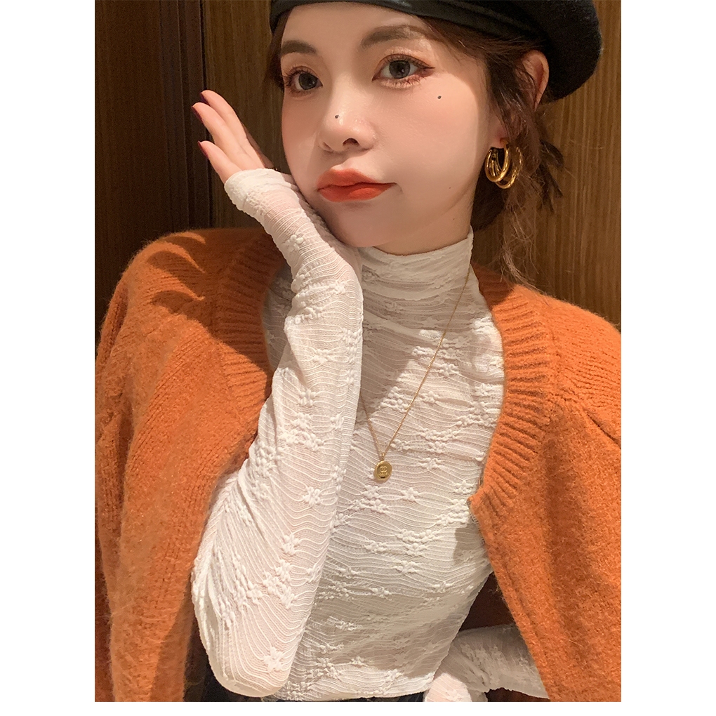 Áo ren kiểu nữ Cổ lọ Cao cấp Dài tay Ngọt ngào Thu Đông Ulzzang Hàn Quốc Áo kiểu Cao cổ Giữ ấm Thời trang