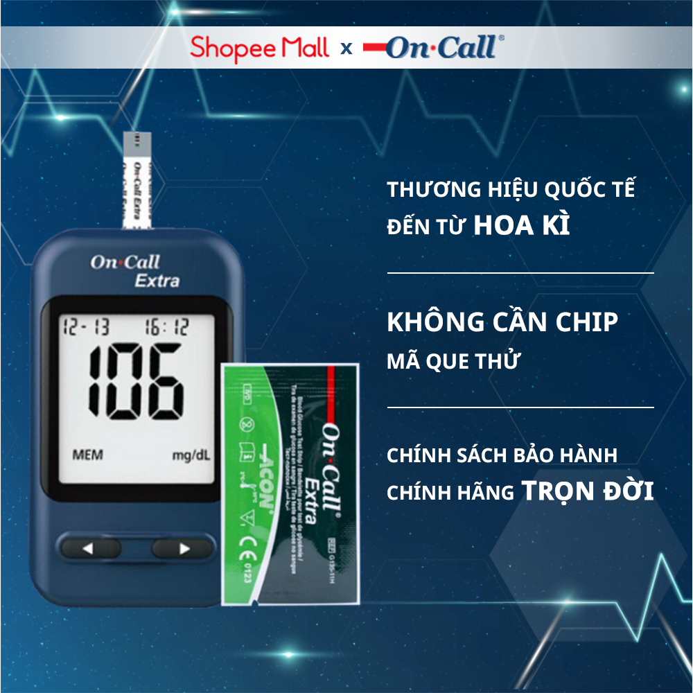 Máy Đo Đường Huyết On Call® Extra Kèm Hộp 25 Que Thử Đường Huyết On Call® Extra [Bảo Hành Trọn Đời]