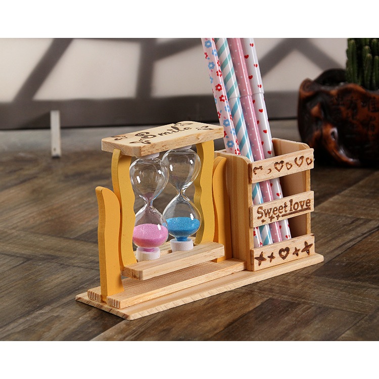 Đồng Hồ Cát Kèm Hộp Đựng Bút Bằng Gỗ, Trang Trí Góc Học Tập Đẹp Mắt