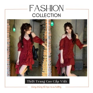 Đầm Đỏ Ôm Hở Vai Dáng Đuôi Cá Tầng Tua Rua TH16