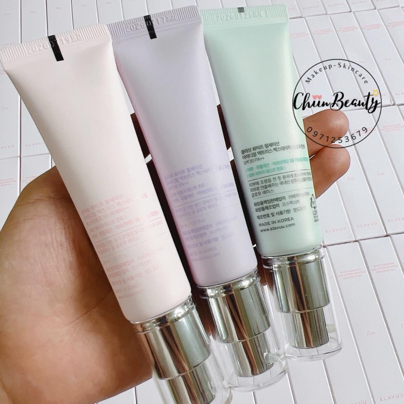 Kem lót KLAVUU White Pearlsation Primer màu hồng, xanh, tím
