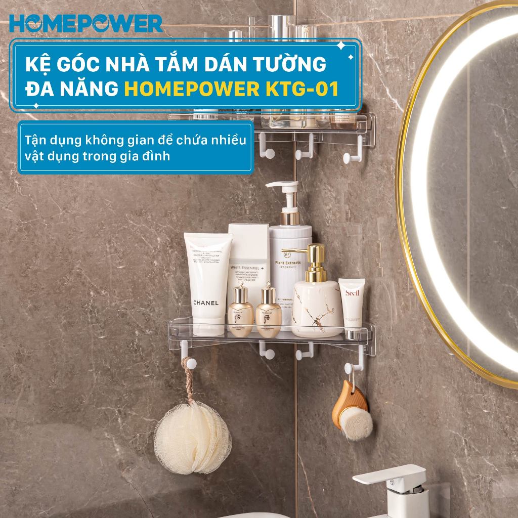 Kệ Góc Nhà Tắm Dán Tường Kèm Móc Treo, Kệ Nhà Tắm Đa Năng Homepower KTG-01