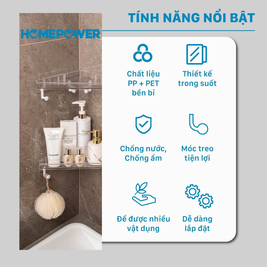 Kệ Góc Nhà Tắm Dán Tường Kèm Móc Treo, Kệ Nhà Tắm Đa Năng Homepower KTG-01