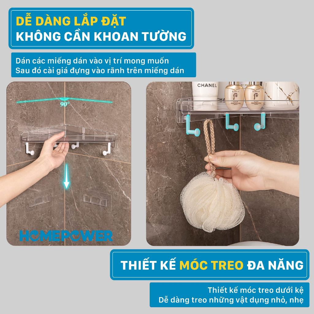 Kệ Góc Nhà Tắm Dán Tường Kèm Móc Treo, Kệ Nhà Tắm Đa Năng Homepower KTG-01