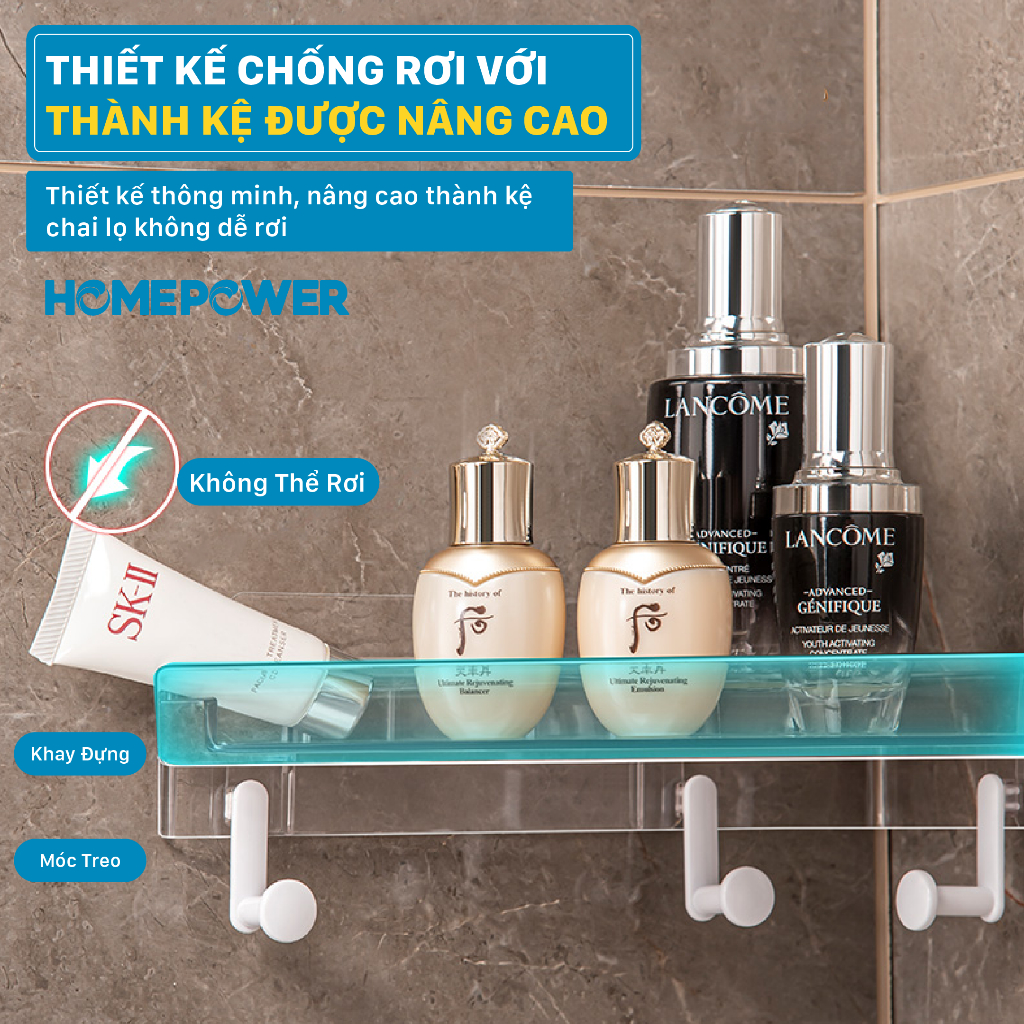 Kệ Góc Nhà Tắm Dán Tường Kèm Móc Treo, Kệ Nhà Tắm Đa Năng Homepower KTG-01