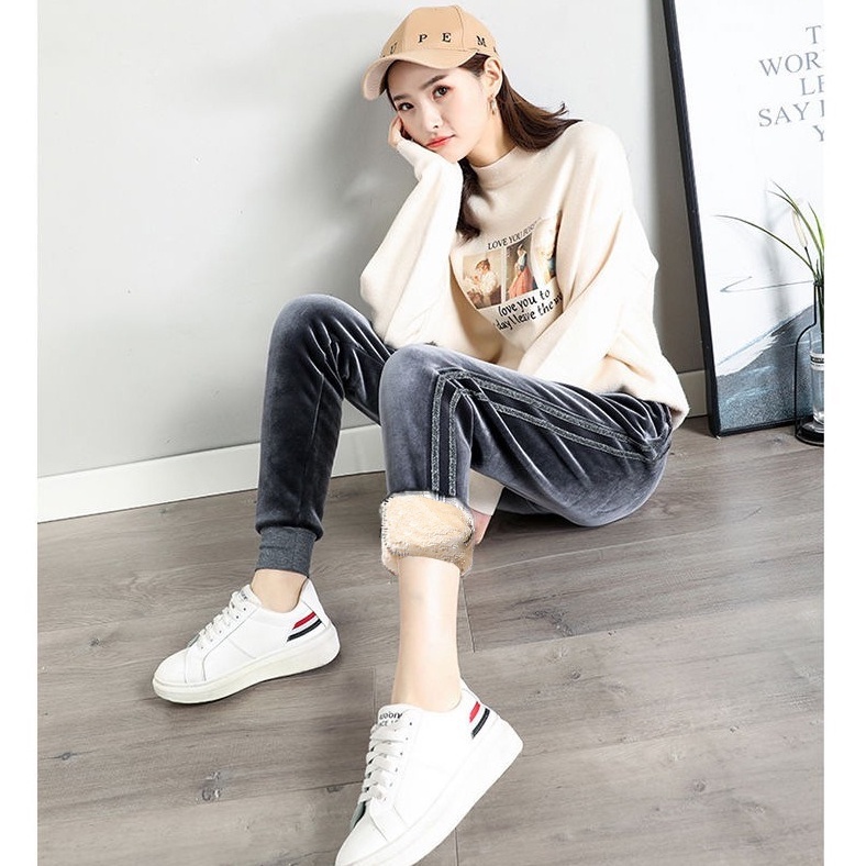 Quần nhung lót nỉ lông cừu dáng thể thao bo chun có túi, quần bo ống mùa đông ấm áp AT48