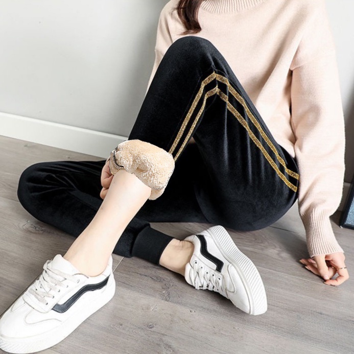 Quần nhung lót nỉ lông cừu dáng thể thao bo chun có túi, quần bo ống mùa đông ấm áp AT48