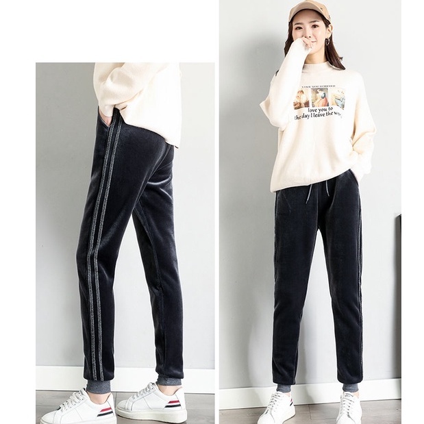 Quần nhung lót nỉ lông cừu dáng thể thao bo chun có túi, quần bo ống mùa đông ấm áp AT48