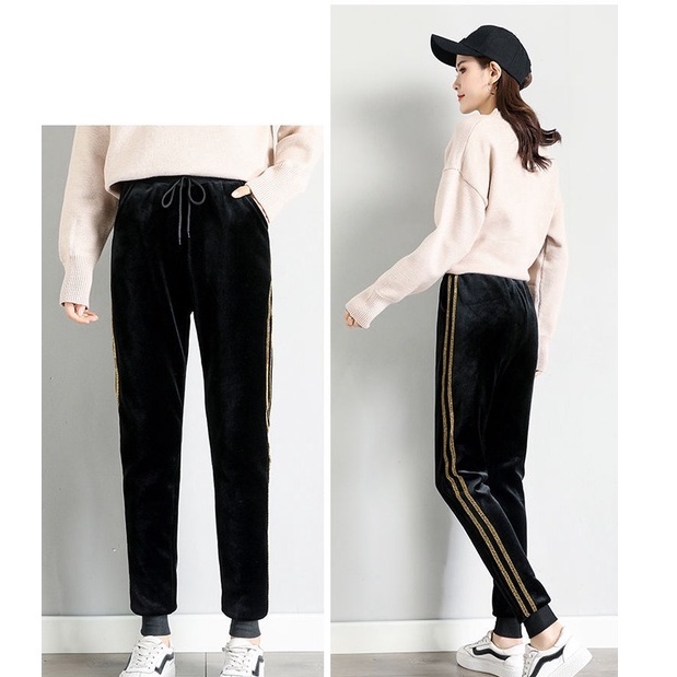 Quần nhung lót nỉ lông cừu dáng thể thao bo chun có túi, quần bo ống mùa đông ấm áp AT48