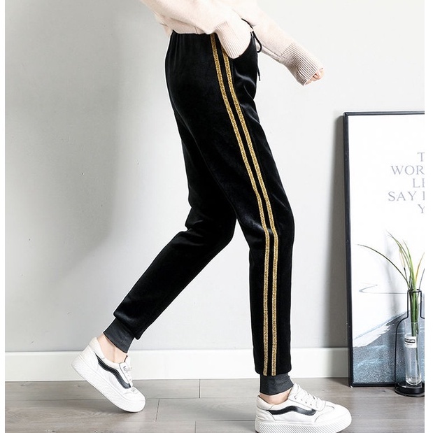 Quần nhung lót nỉ lông cừu dáng thể thao bo chun có túi, quần bo ống mùa đông ấm áp AT48