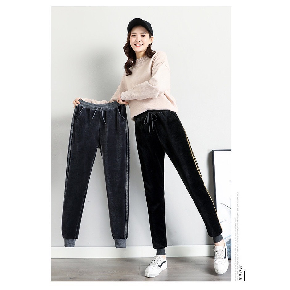 Quần nhung lót nỉ lông cừu dáng thể thao bo chun có túi, quần bo ống mùa đông ấm áp AT48