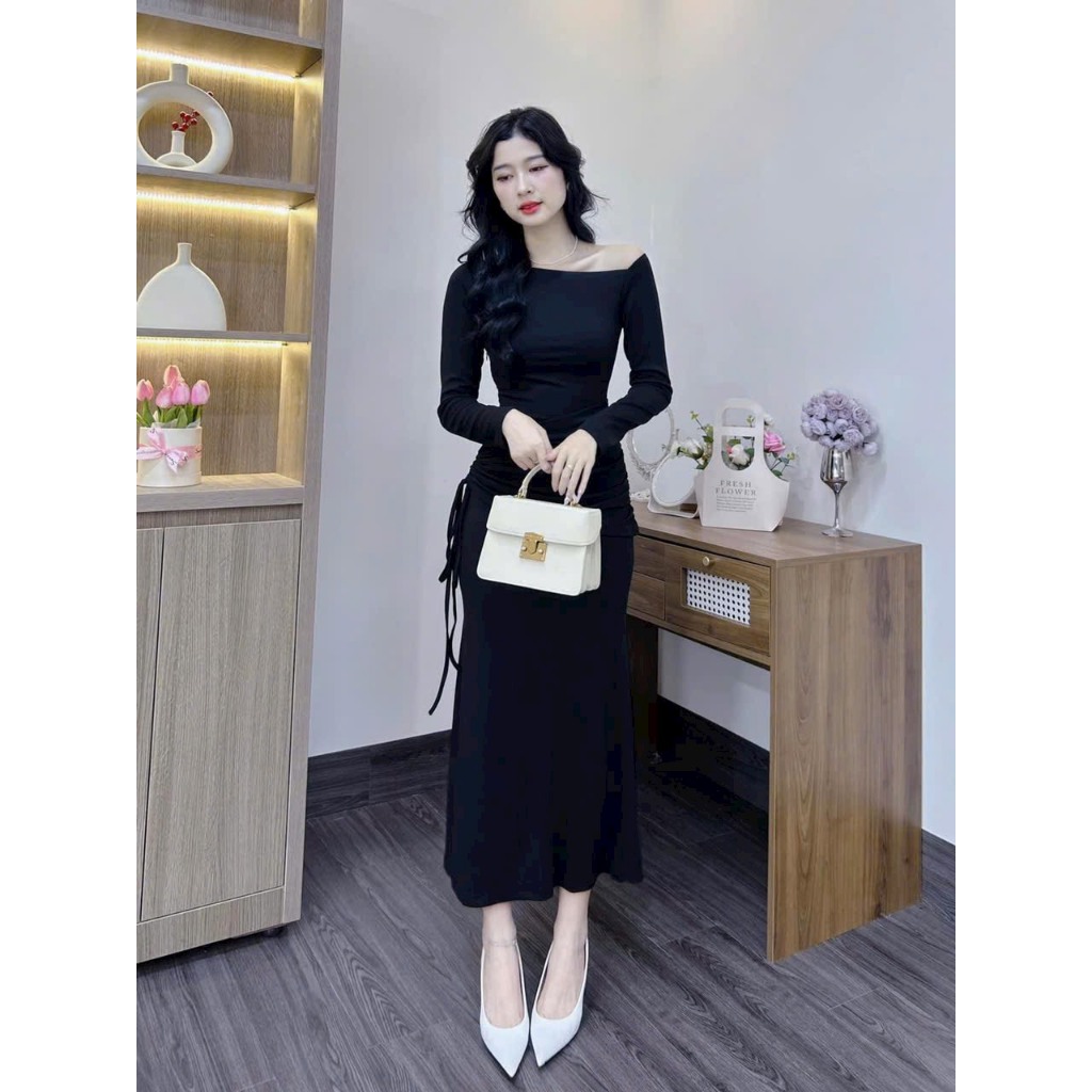 [12,12 Sales Freeship] Đầm thun basic đen trễ vai tay dài rút dây eo, đầm thun đen ôm body dáng dài 