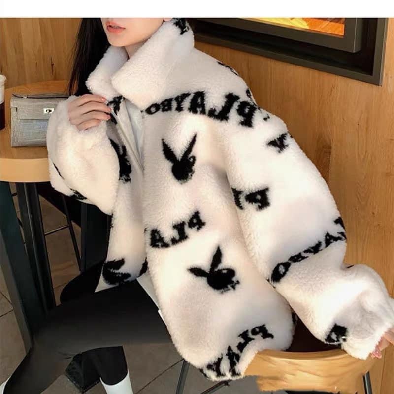 Áo Khoác Lông 2 Lớp Dày Dặn Phối Hình Thỏ Playboy, Phong Cách Trẻ Trung Năng Động Form rộng Nam Nữ Hot Trend