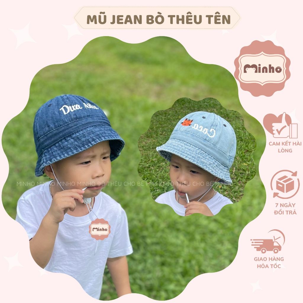 Mũ Bucket Denim và Nón Jean Thêu tên bé với phong cách Hàn Quốc độc đáo cho bé yêu của bạn, đủ size cho cả mẹ và bé
