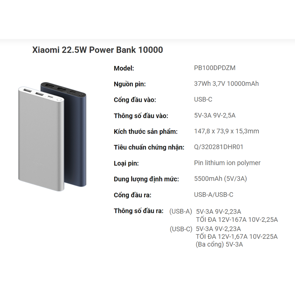 Pin sạc dự phòng Xiaomi 10000mAh Gen 4 Sạc  Siêu nhanh 22.5W - Hàng Chính hãng