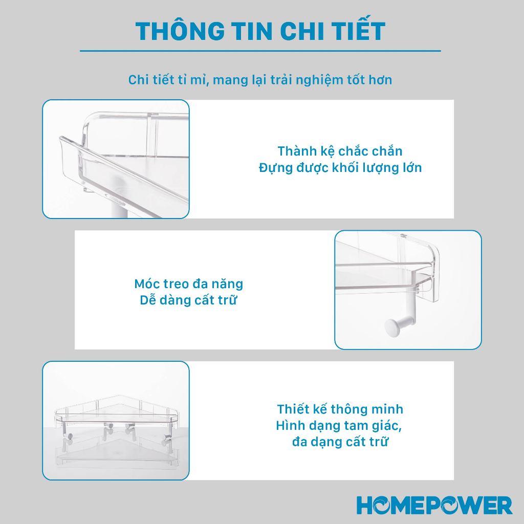 Kệ Góc Nhà Tắm Dán Tường Kèm Móc Treo, Kệ Nhà Tắm Đa Năng Homepower KTG-01