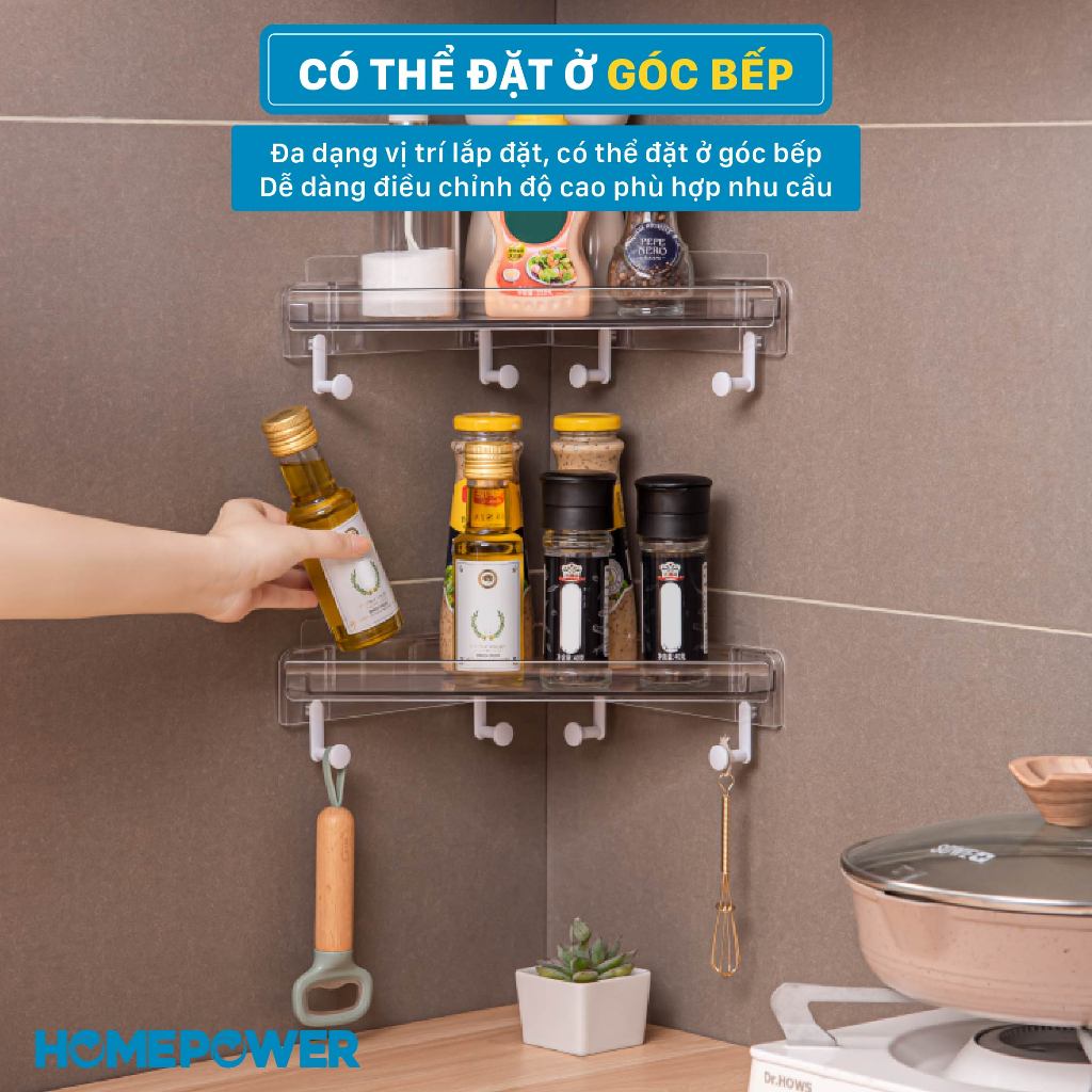 Kệ Góc Nhà Tắm Dán Tường Kèm Móc Treo, Kệ Nhà Tắm Đa Năng Homepower KTG-01