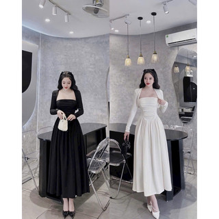đầm nữ chất thun tăm lạnh kèm khoác cúp ngực áo ôm body tùng váy xoè maxi trắng đen