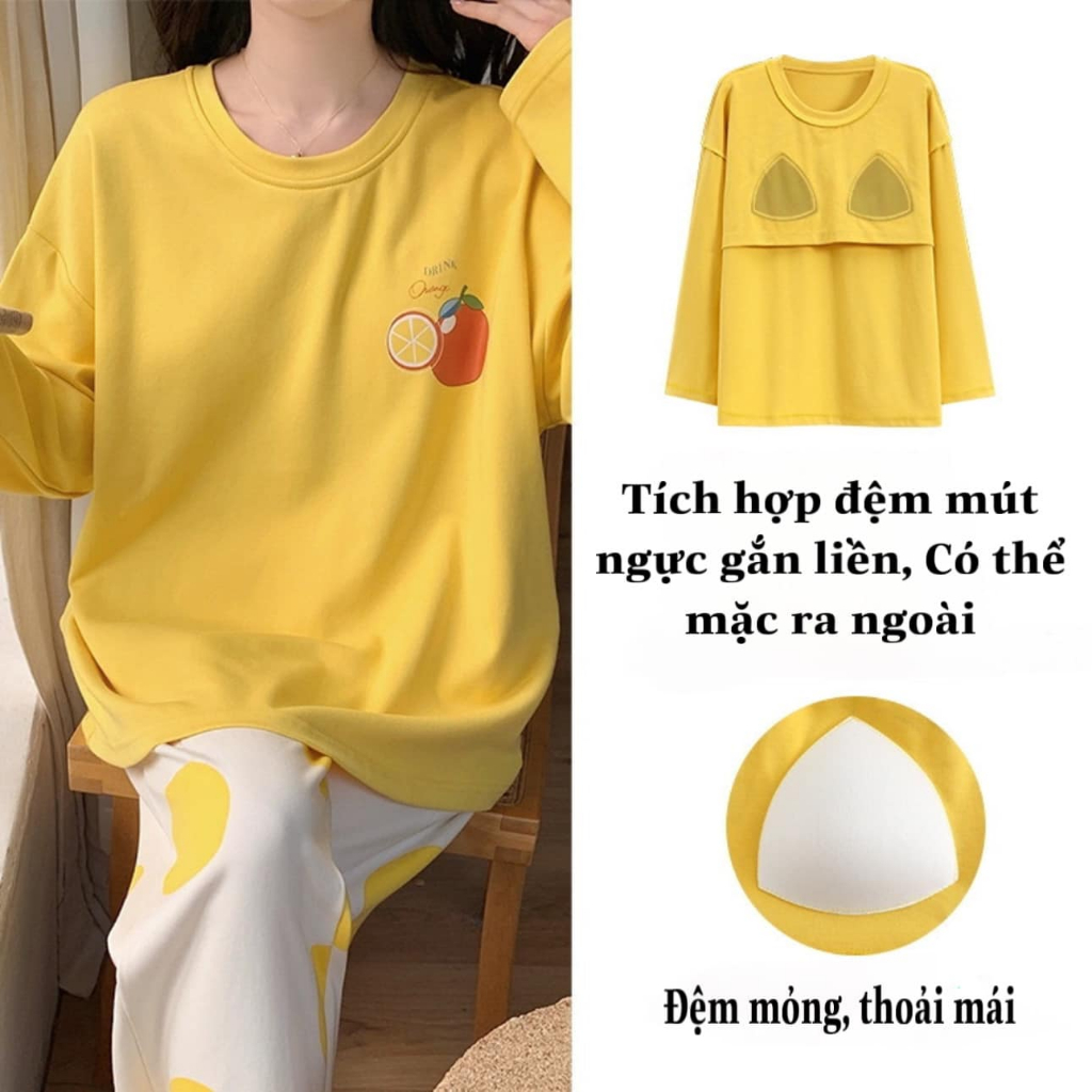 (CỰC HOT) Bộ Mặc Nhà Cotton Cổ Tròn Dài Tay Có Miếng Đệm Lót Ngực Dày Dặn, Chất Liệu Mềm Mịn, Thoải Mái