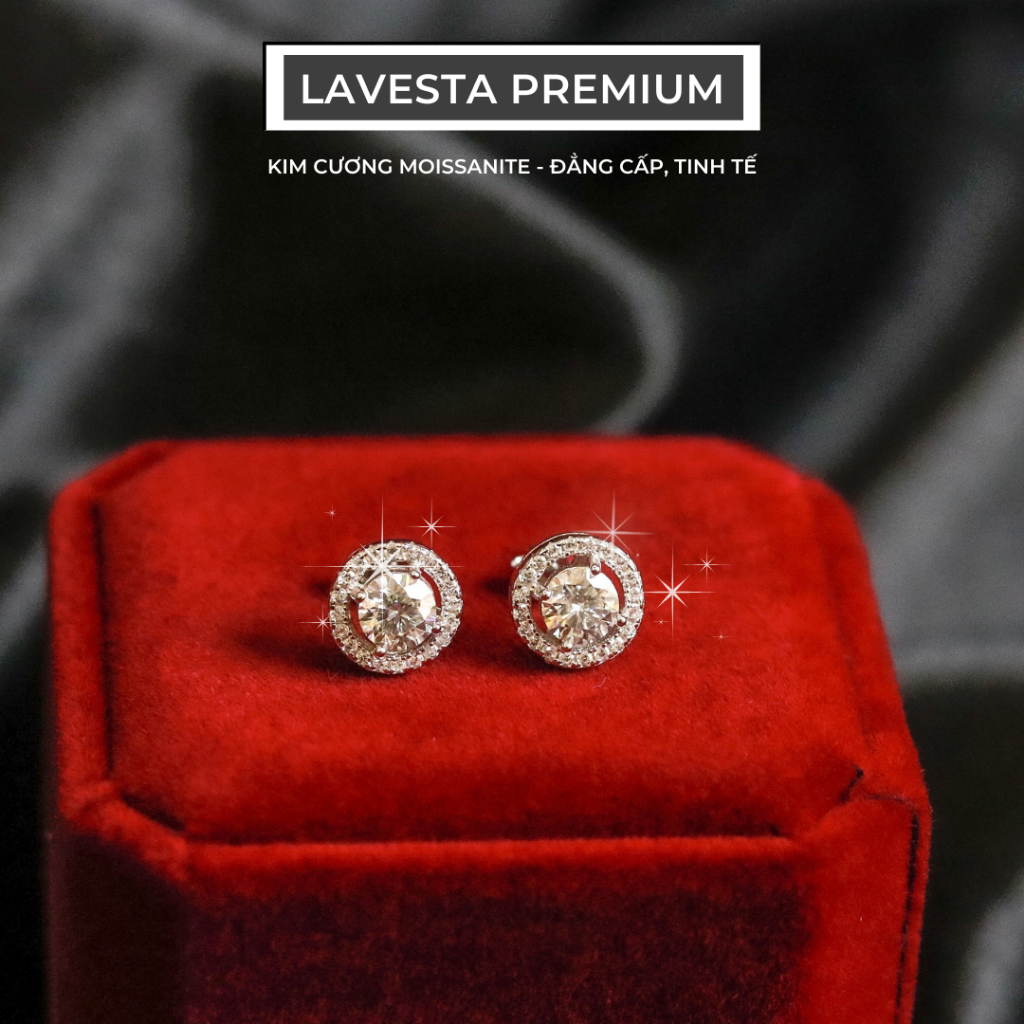 Bông tai kim cương nhân tạo Moissanite 5 ly LAVESTA KC17 kiểm định GRA, bạc xi bạch kim mặt tròn sang chảnh, hiện đại