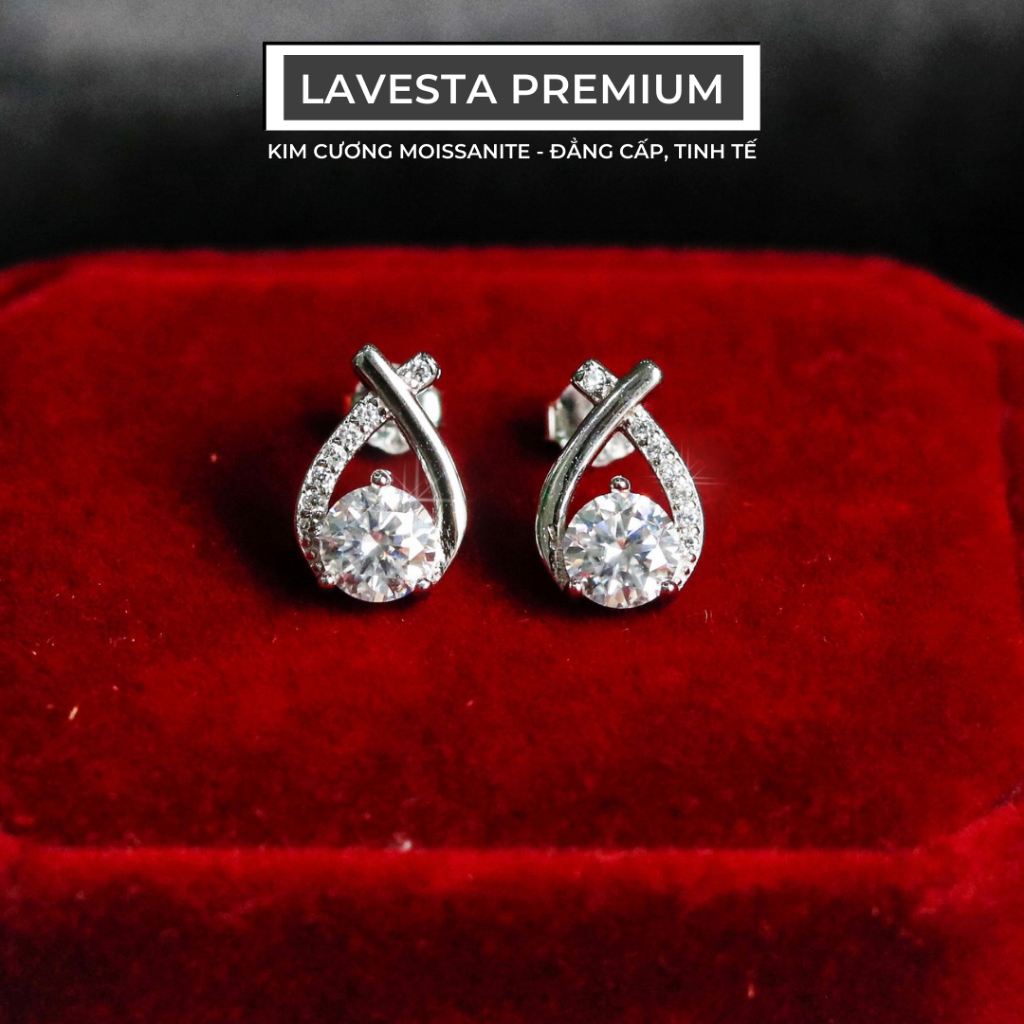 Bông tai kim cương Moissanite bạc xi bạch kim 5 ly kiểm định GRA LAVESTA KC79 thiết kế giọt sương Morning Dew