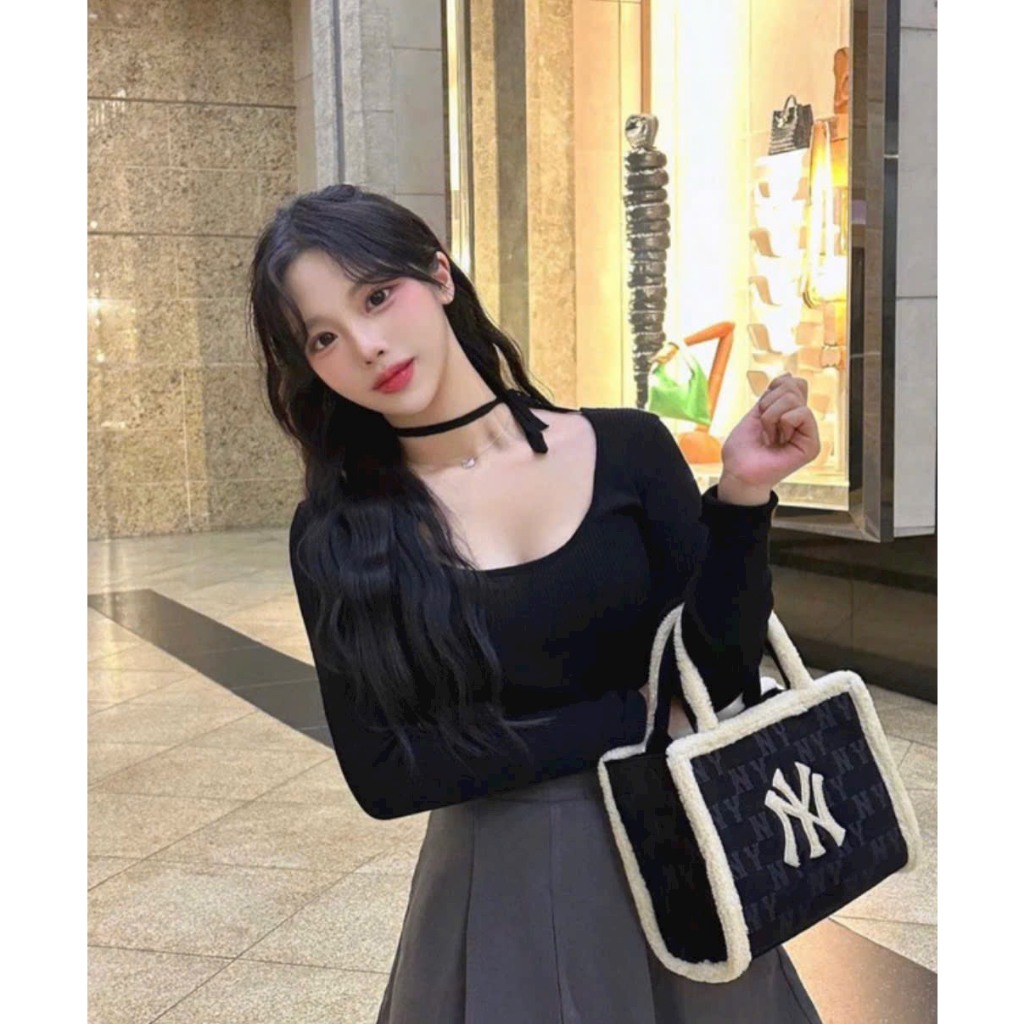 Túi nữ NY quai xách +dây đeo chéo size 25 chất căng dày dặn ngăn rộng viền phối lông siêu xinh