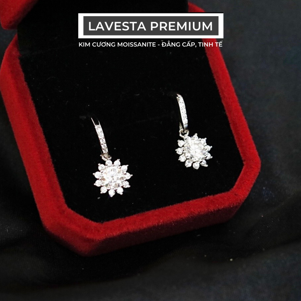 Bông tai kim cương Moissanite bạc xi bạch kim 5 ly kiểm định GRA LAVESTA KC68 mặt hoa hướng dương kiêu kì, quý phái