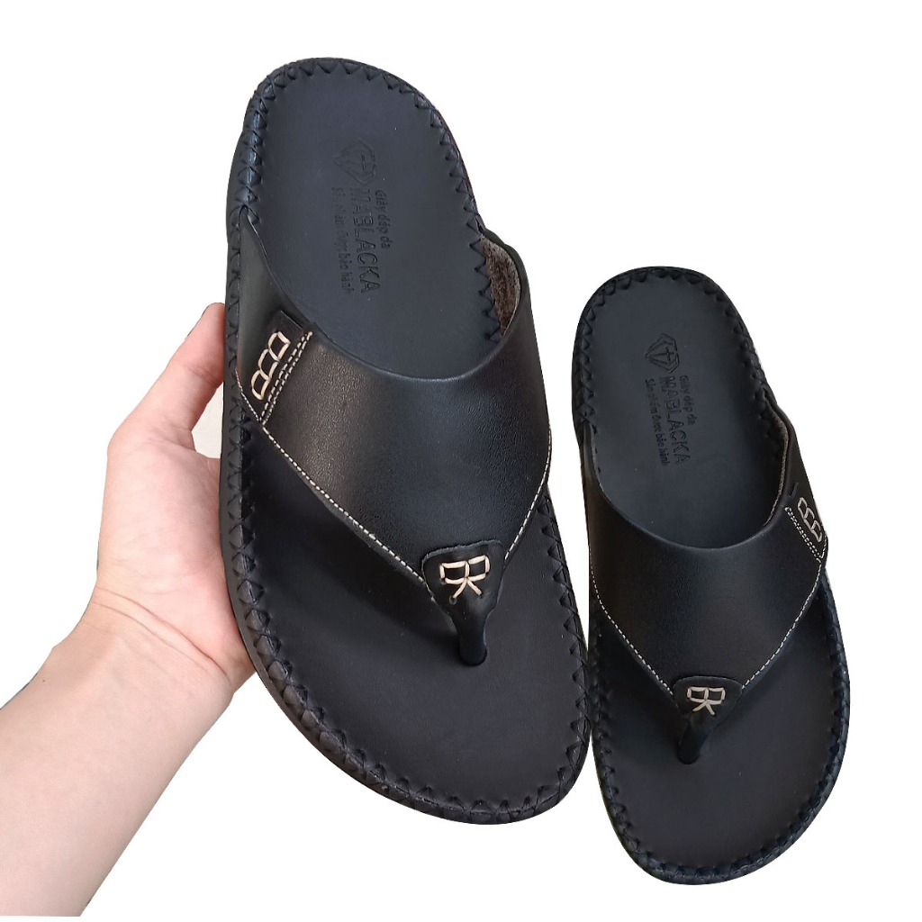 Dép da nam thời trang cao cấp da bò mềm mại, đen H62