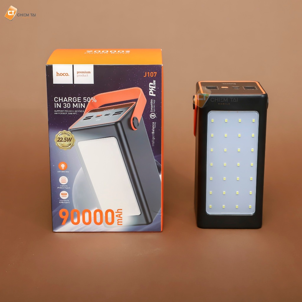 Pin sạc dự phòng tích hợp đèn LED 90000mAh 22.5W Hoco J107