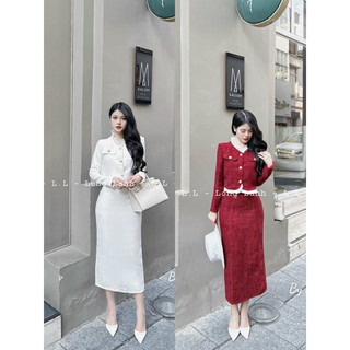 Set dạ tweed phối viền tơ cao cấp phối cúc đồng 2 lớp đứng form