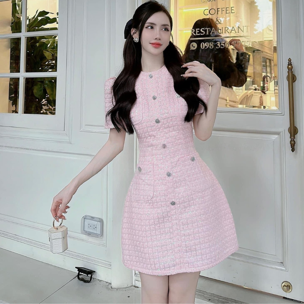 Váy tiểu thư , Váy thiết kế , Váy dạ Tweed dáng ngắn cổ tròn thanh lịch , trẻ trung , sang chảnh