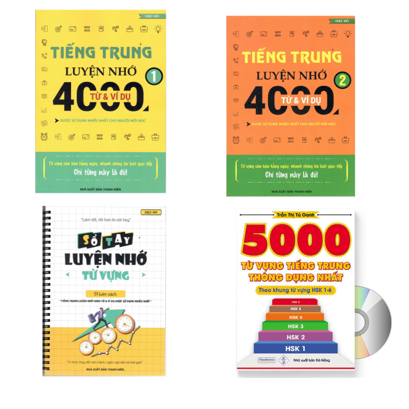 Sách - Combo:Tiếng Trung luyện nhớ 4000 từ và ví dụ tập 1+ tập 2+ sổ tay luyện nhớ từ vựng+5000 từ vựng +DVD tài liệu