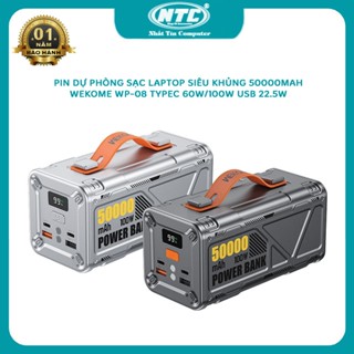 Pin dự phòng sạc siêu nhanh 100W WEKOME WP-08 50000mAh sạc cả laptop có đèn pin - TypeC out 100W / 60W và USB out 22.5W