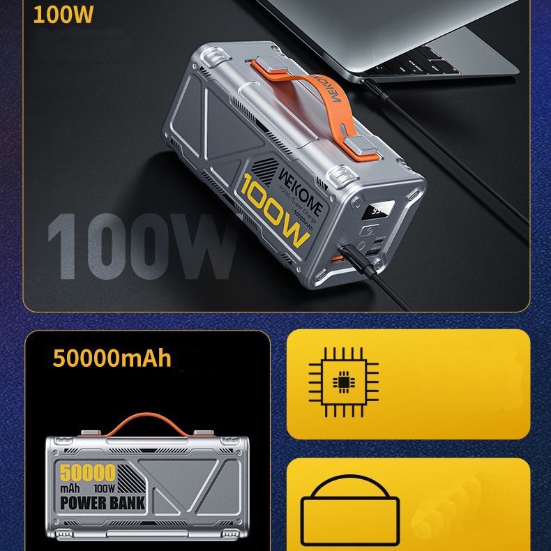 Pin dự phòng sạc siêu nhanh 100W WEKOME WP-08 50000mAh sạc cả laptop có đèn pin - TypeC out 100W / 60W và USB out 22.5W