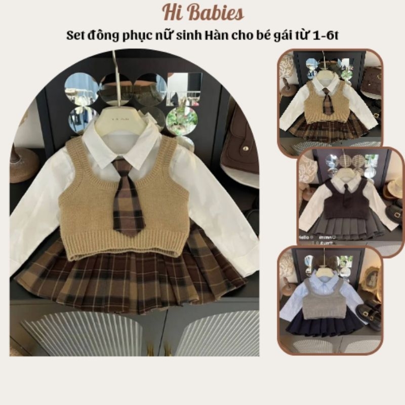 [ Order ] Set đồng phục nữ sinh Hàn cho bé gái từ 1-6t/ set gile len mix chân váy xếp li cho bé gái 1-6t
